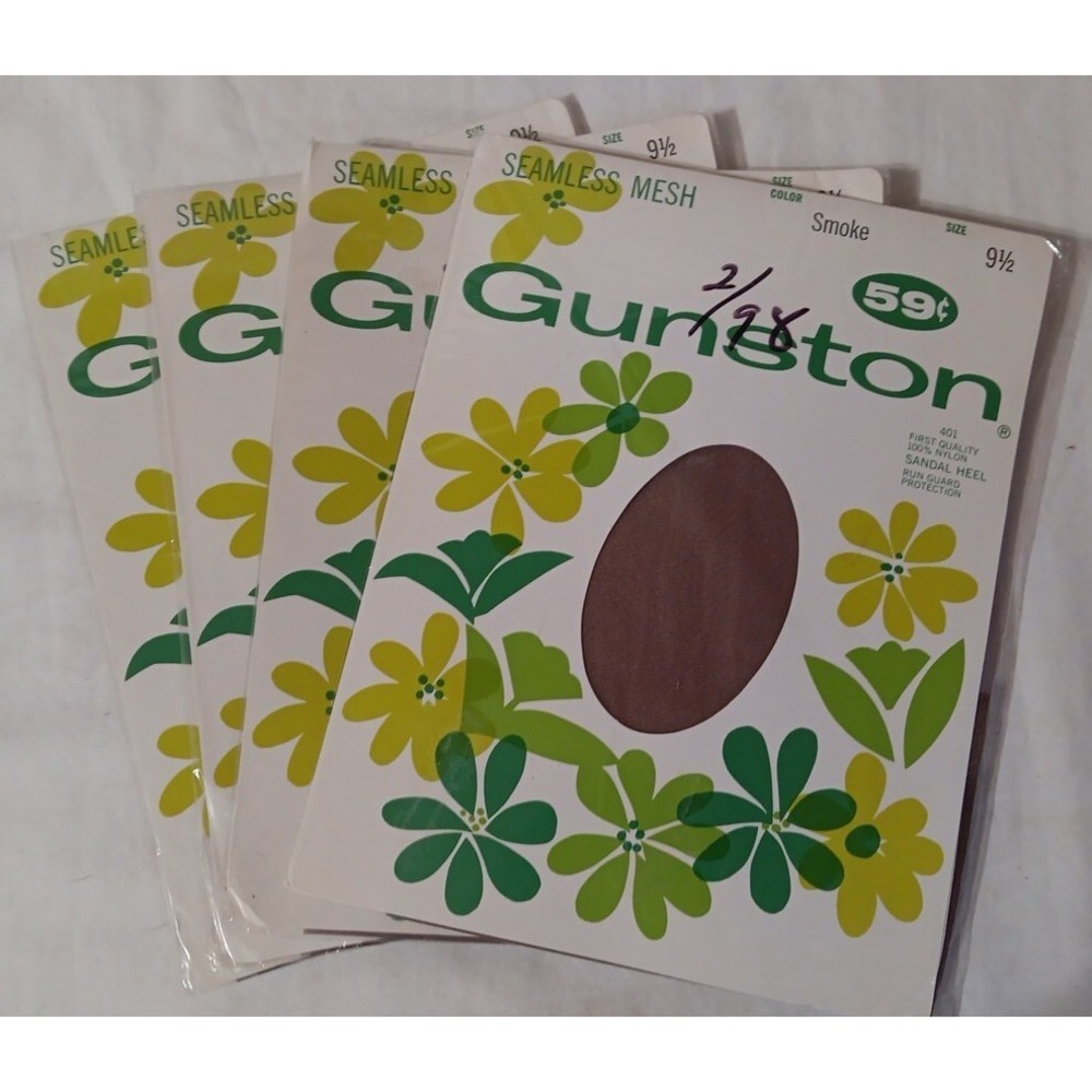 Vtg Gunston Nylon Pantyhose Sz 9.5‎ Seamless Mesh Smoke 4 Pkgs NOS 60's